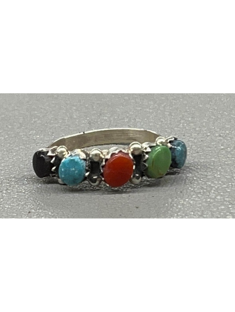Native American Zuni turquoise coral boho style sterling silver ring size 5.5